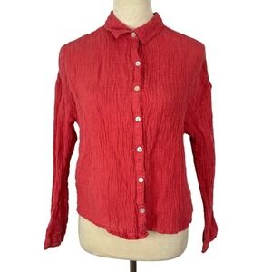 Tahari 100% Linen Button Up Top European Flax Long Sleeve Coral Red Women Medium